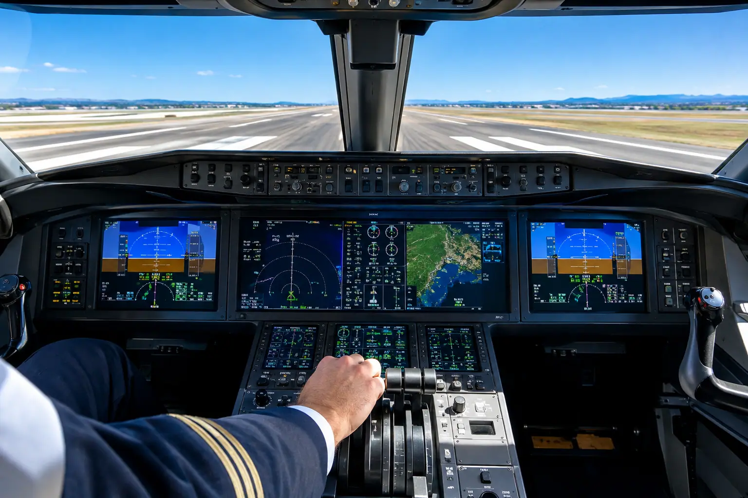 Business jet cockpit before departure